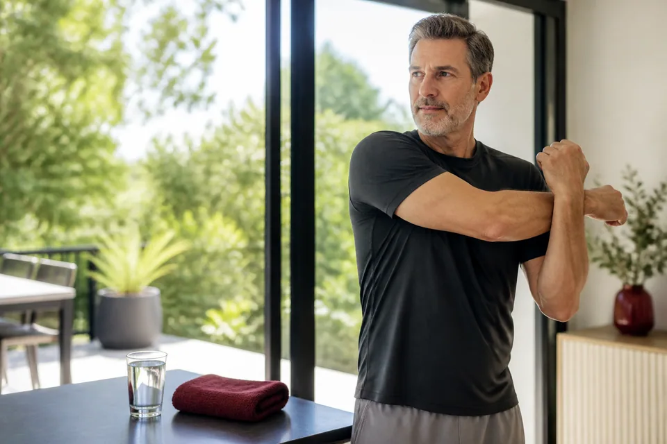Adult man stretching during a balanced morning wellness routine